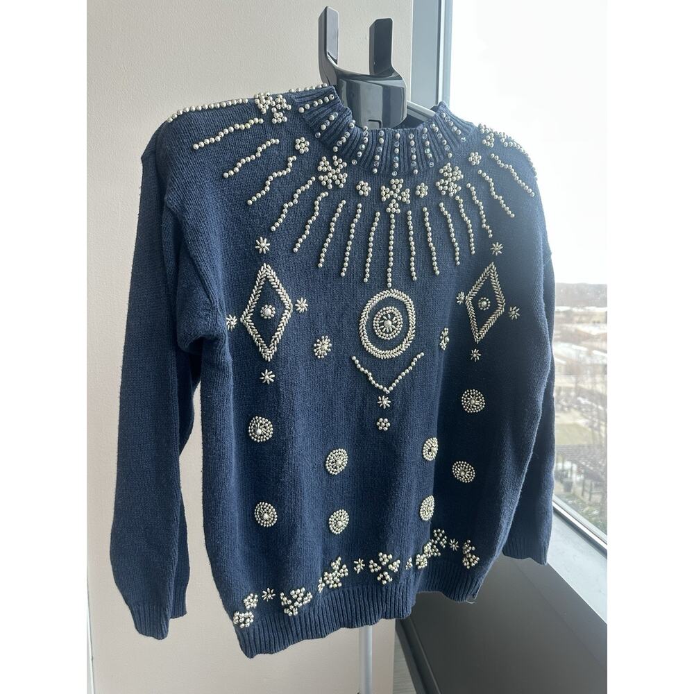 Vintage Celina Yang Navy Blue Beaded Knit Mock Neck Pullover Sweater Women's L
